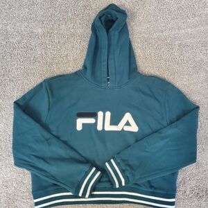 Fila Teal Cropped Women's Hoodie Logo and Striped Cuffs Retro large